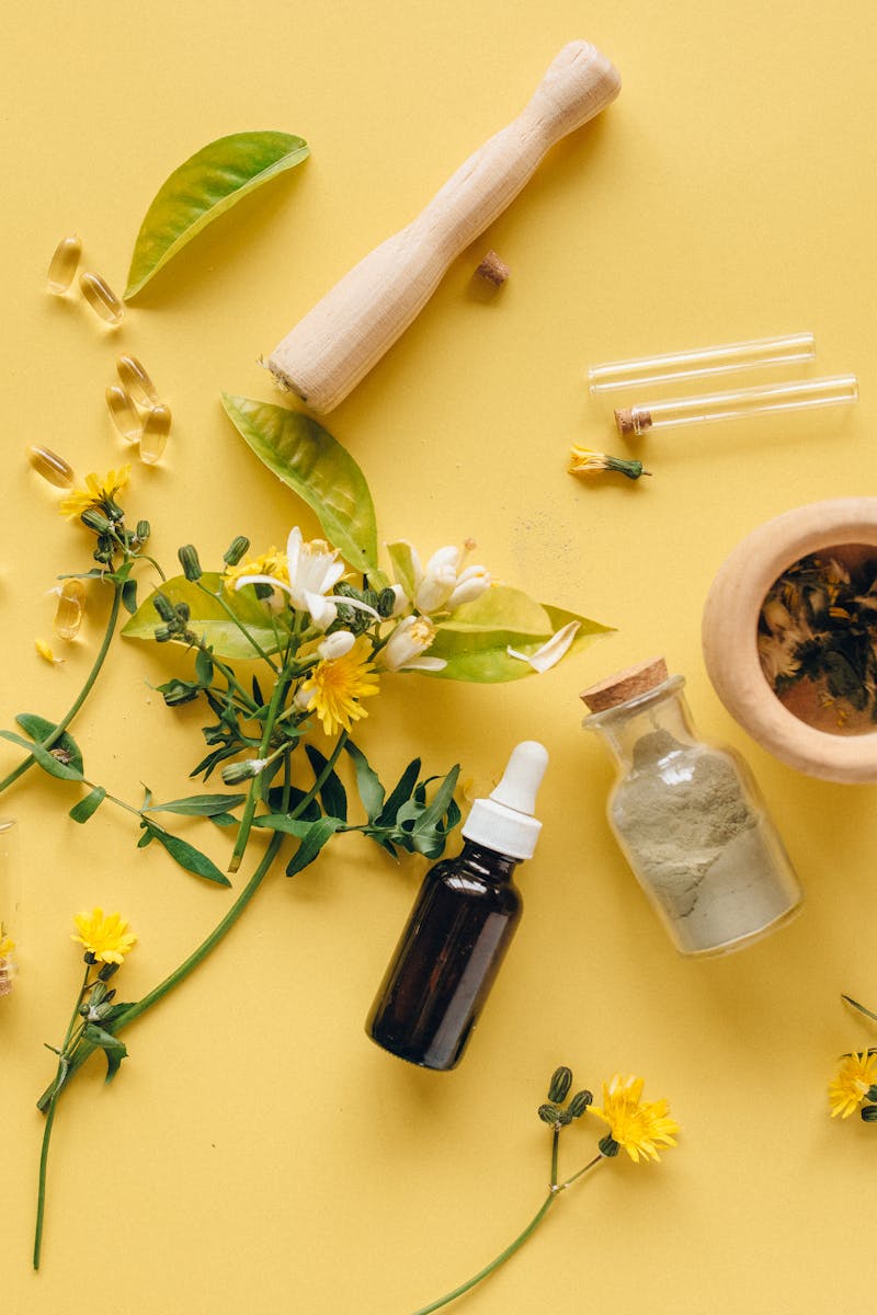 A flat lay of herbal medicines and plants on a yellow background for natural healing.