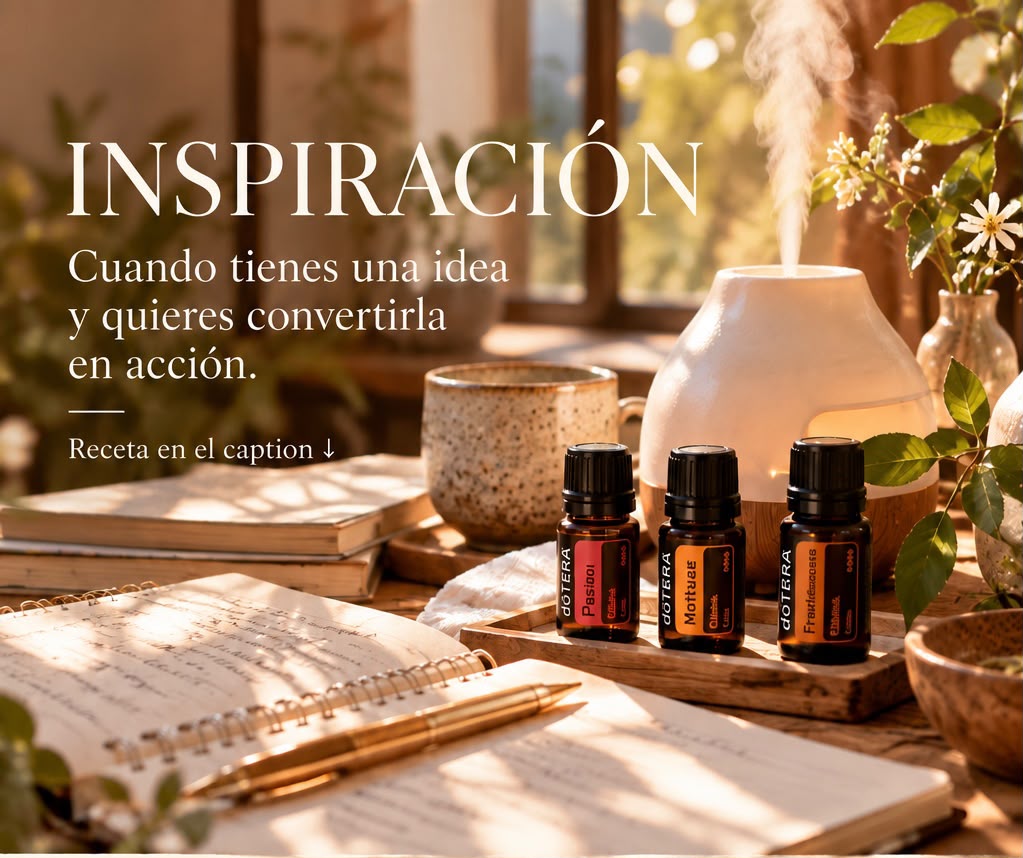 ¿No tienes Passion o Motivate?  También puedes preparar una mezcla más sencilla con aceites que quizá ya tengas en casa:  🌿 Balance — 2 gotas 🍋 Limón o Naranja Silvestre — 2 gotas 🌿 Incienso — 2 gotas  Balance aporta una sensación de estabilidad, los cítricos dan frescura y el Incienso completa la mezcla con su aroma profundo y cálido.  Puedes utilizarla cuando estés trabajando, estudiando, escribiendo, creando un nuevo proyecto o simplemente cuando quieras acompañar con un aroma agradable ese momento de “vamos a empezar”.  Porque muchas veces una idea no necesita que pensemos más.  Necesita que demos el primer paso. 🌿   Mucho más que un aroma  Para mí, los aceites esenciales no son solamente algo que hace que una habitación huela bien.  Me gusta incorporarlos a pequeños momentos de mi vida cotidiana y elegir los aromas según el ambiente que quiero crear en cada momento.  Si quieres probar alguno de los aceites que utilizo, puedes encontrarlos en los enlaces de abajo.  Y si no sabes cuál elegir o cómo realizar la compra, puedes escribirme por WhatsApp. Estaré encantada de ayudarte.